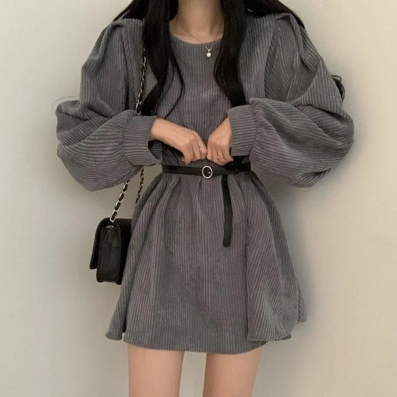 GIDYQ Corduroy Dress Women Vintage Belt Slim Long Sleeve Mini Dresses Fashion Elegant Solid O Neck Chic Streetwear Fall Winter grey-belt
