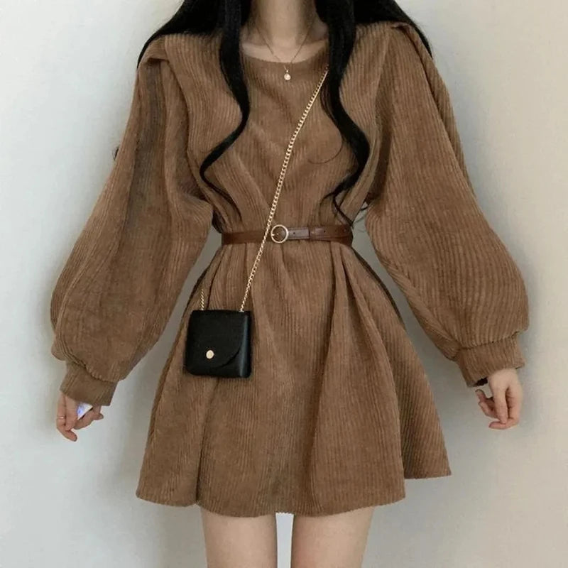 GIDYQ Corduroy Dress Women Vintage Belt Slim Long Sleeve Mini Dresses Fashion Elegant Solid O Neck Chic Streetwear Fall Winter brown-belt