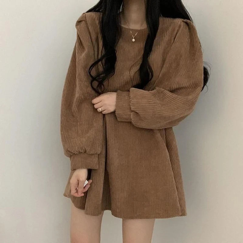 GIDYQ Corduroy Dress Women Vintage Belt Slim Long Sleeve Mini Dresses Fashion Elegant Solid O Neck Chic Streetwear Fall Winter