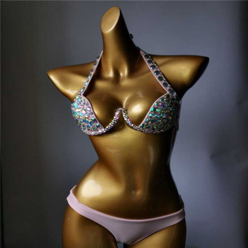 Gathered Crystal Diamond Bikini Push Up Women's Rhinestone Swimsuit Sexy Halter Underwire Swimwear Luxury Bathing Suit Pink