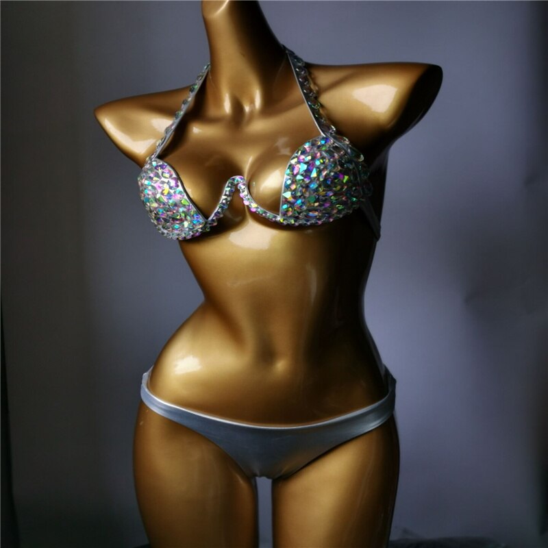 Gathered Crystal Diamond Bikini Push Up Women's Rhinestone Swimsuit Sexy Halter Underwire Swimwear Luxury Bathing Suit Silver