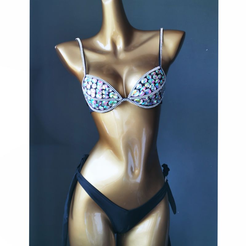 Gathered Rhinestone Triangle Bikini Luxury Crystal Diamond Women's Swimwear Push Up Bandage Thong Swimsuit Biquini Black
