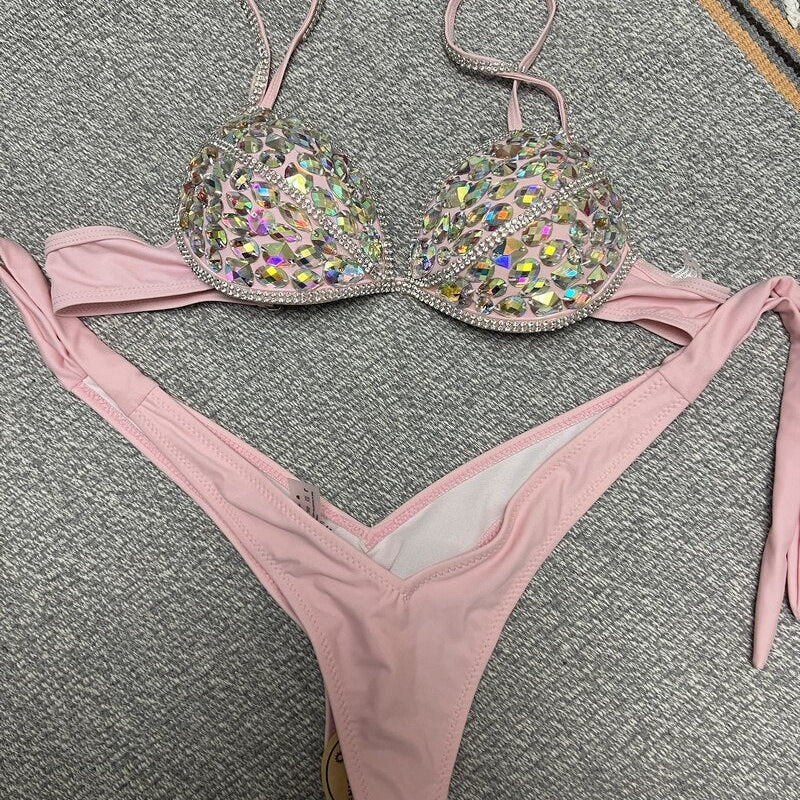 Gathered Rhinestone Triangle Bikini Luxury Crystal Diamond Women's Swimwear Push Up Bandage Thong Swimsuit Biquini Pink