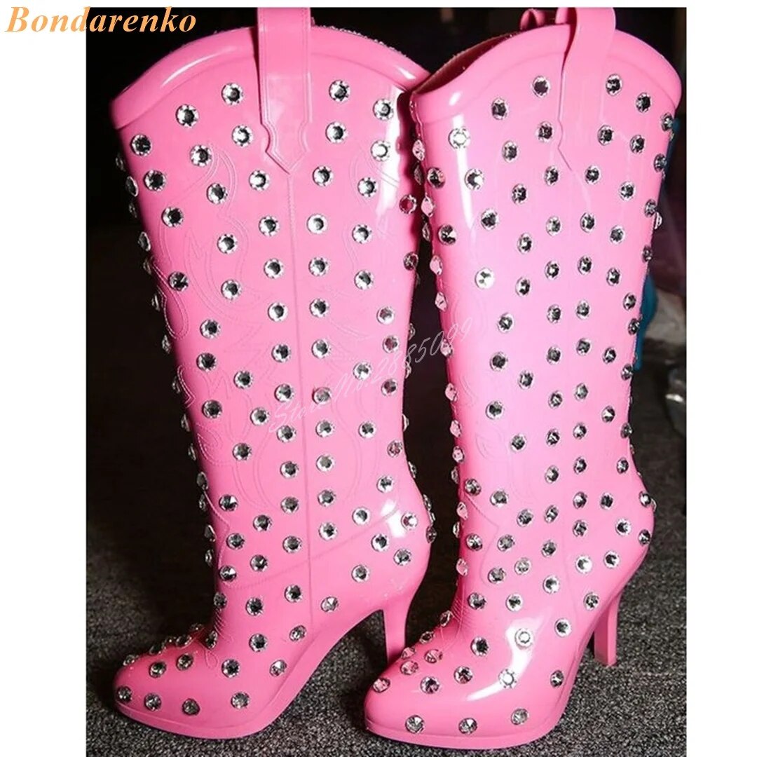 Gem Crystal Rain Boots Pointy Toe Solid Thin High Heels Knee High Boots Slip On Elastic Women Shoes Autumn Winter Sexy