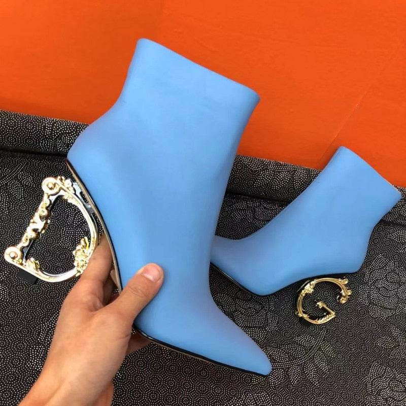Genuine Leather High Heeled Ankle Boots Luxury Brand Designer Pointed Letter Tube Side Zipper Sexy Fashion 33-46 blue