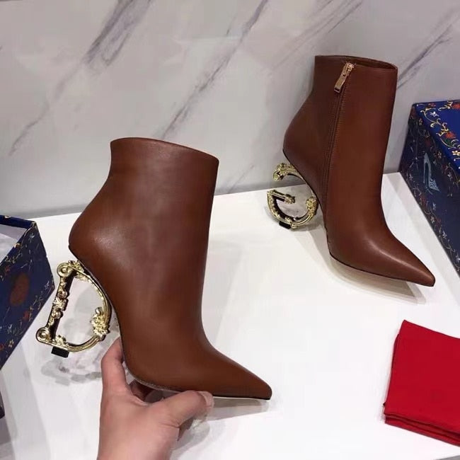 Genuine Leather High Heeled Ankle Boots Luxury Brand Designer Pointed Letter Tube Side Zipper Sexy Fashion 33-46 brown