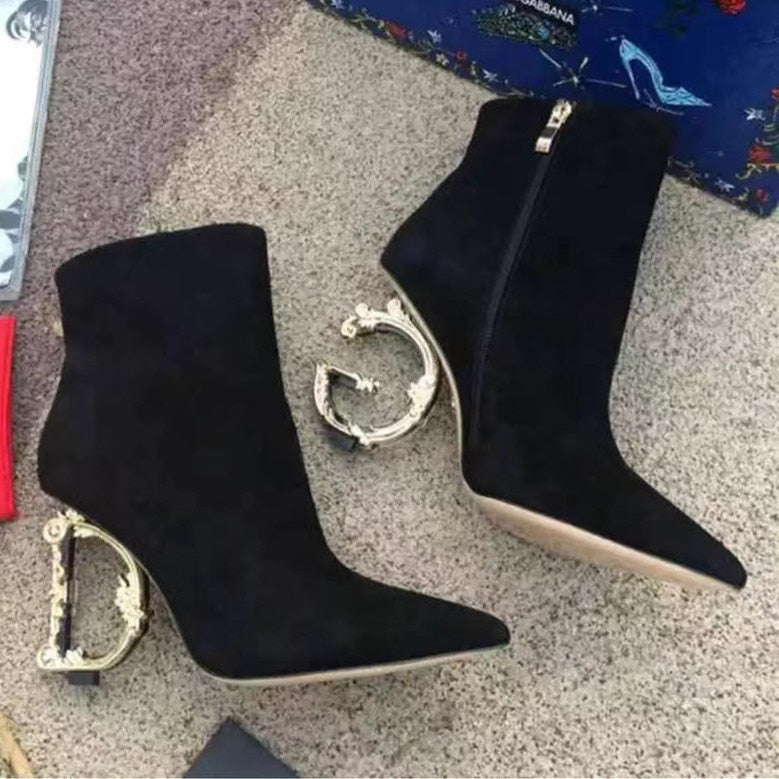 Genuine Leather High Heeled Ankle Boots Luxury Brand Designer Pointed Letter Tube Side Zipper Sexy Fashion 33-46 black sheep