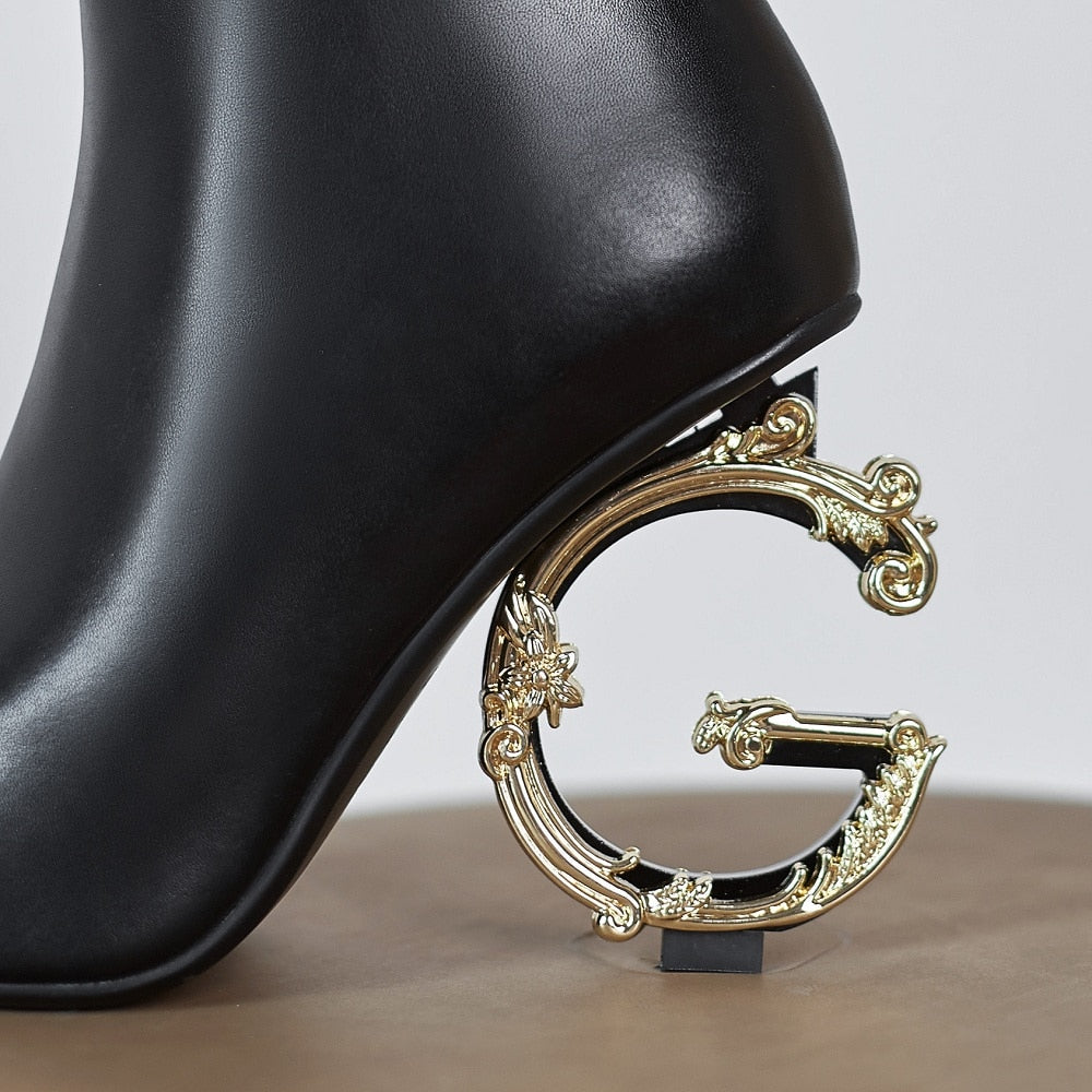 Genuine Leather High Heeled Ankle Boots Luxury Brand Designer Pointed Letter Tube Side Zipper Sexy Fashion 33-46