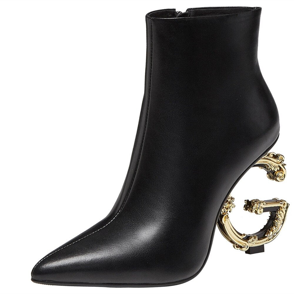 Genuine Leather High Heeled Ankle Boots Luxury Brand Designer Pointed Letter Tube Side Zipper Sexy Fashion 33-46 black