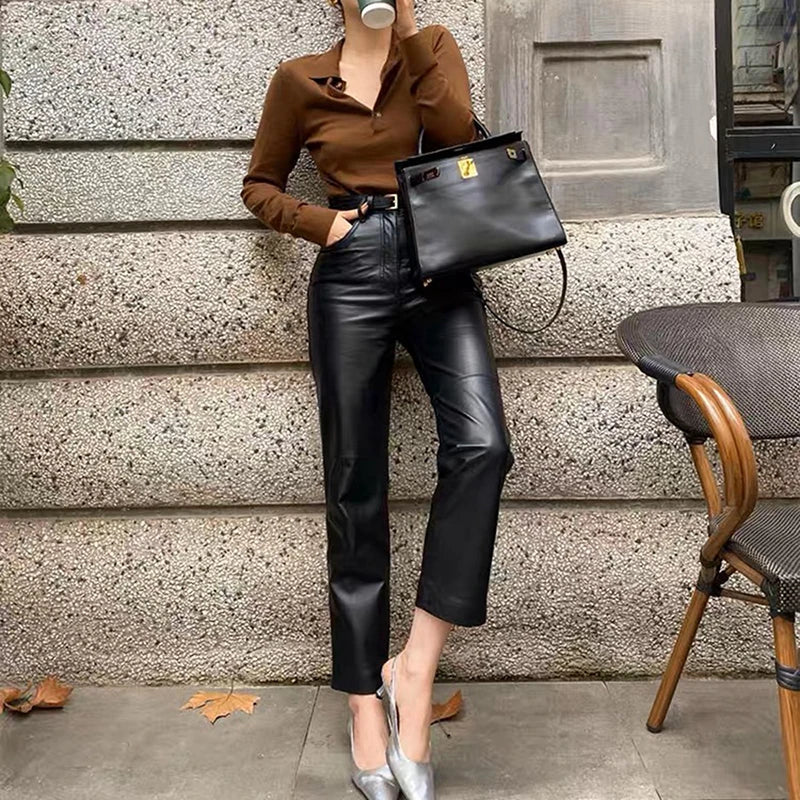 Genuine Leather Pants for Women High Waist Casual Pencil Pants Autumn Winter Ankle-Length Pants 2023 Chic Ladies Sheepskin Pants AMAIO