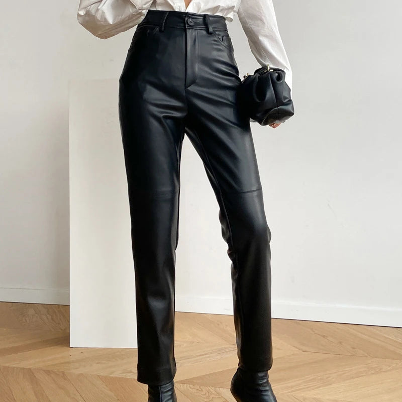 Genuine Leather Straight Leg Pants Women 2023 Autumn Winter High Waist Pockets Sheepskin Pants Chic Casual Ladies Slim Trousers black