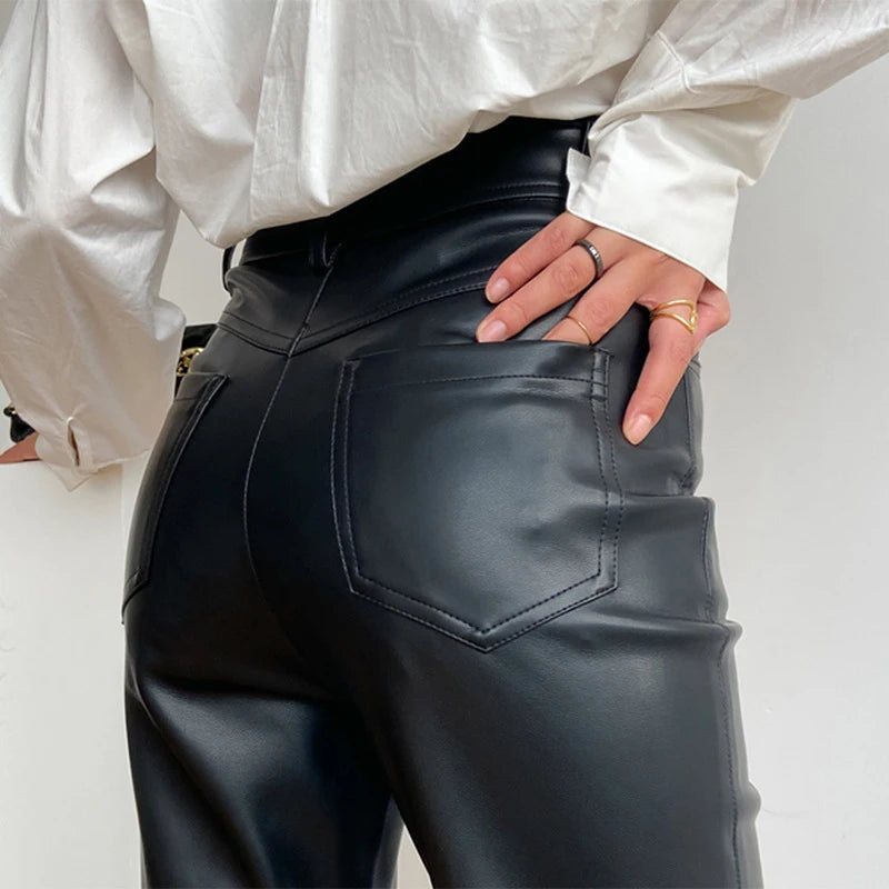 Genuine Leather Straight Leg Pants Women 2023 Autumn Winter High Waist Pockets Sheepskin Pants Chic Casual Ladies Slim Trousers