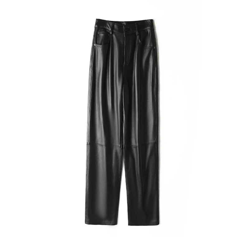 Genuine Leather Straight Leg Pants Women 2023 Autumn Winter High Waist Pockets Sheepskin Pants Chic Casual Ladies Slim Trousers