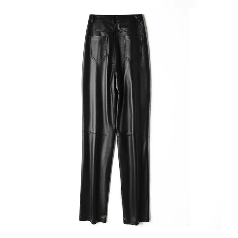 Genuine Leather Straight Leg Pants Women 2023 Autumn Winter High Waist Pockets Sheepskin Pants Chic Casual Ladies Slim Trousers
