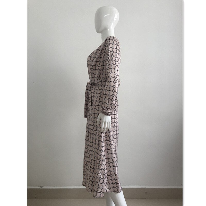 Geometry Polkadot Print V Neck Wrap Long Dress - Elegant Women Plunge Wrap Party Dress Maxi Dresses Vestidos