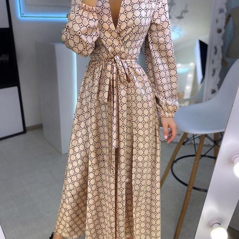 Geometry Polkadot Print V Neck Wrap Long Dress - Elegant Women Plunge Wrap Party Dress Maxi Dresses Vestidos