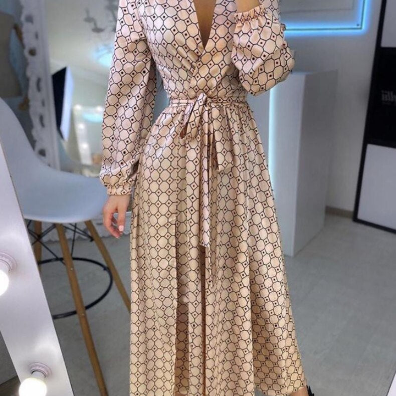 Geometry Polkadot Print V Neck Wrap Long Dress - Elegant Women Plunge Wrap Party Dress Maxi Dresses Vestidos