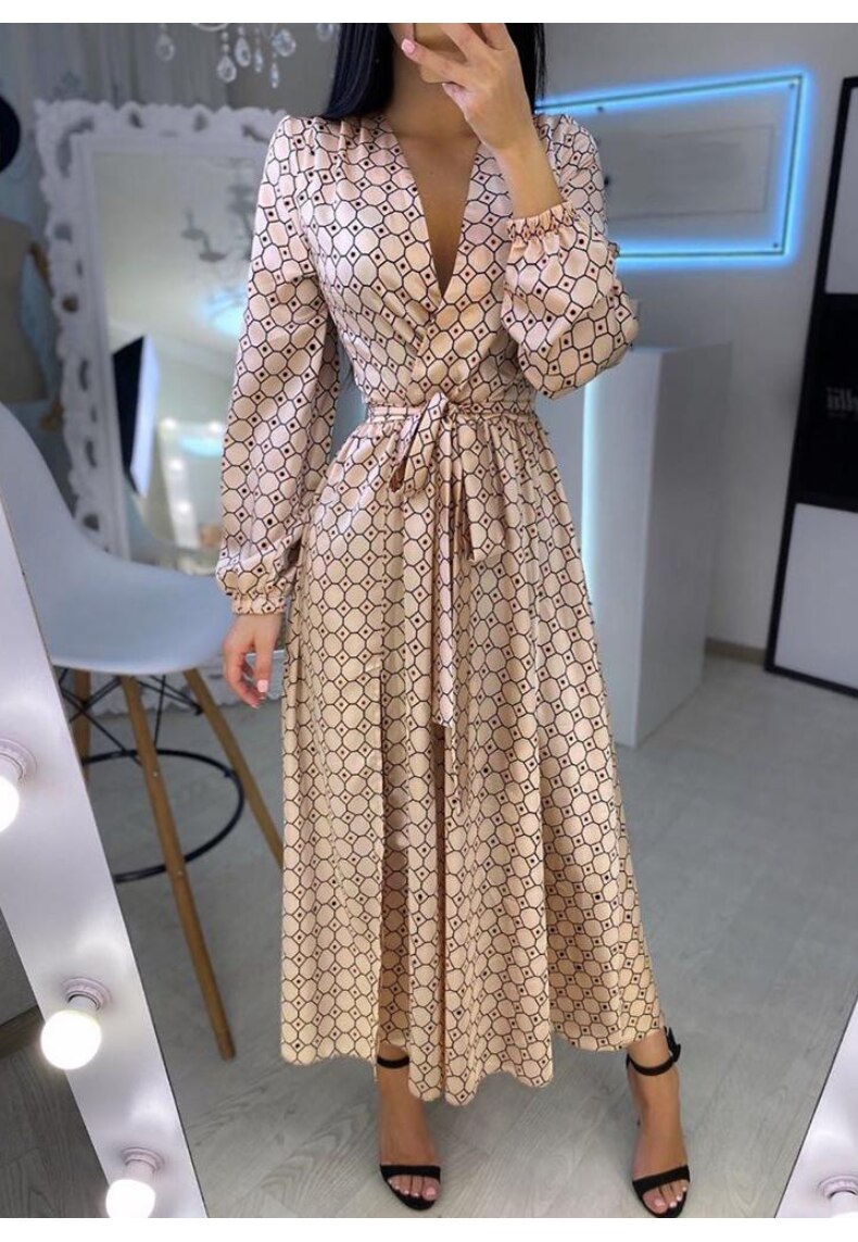 Geometry Polkadot Print V Neck Wrap Long Dress - Elegant Women Plunge Wrap Party Dress Maxi Dresses Vestidos