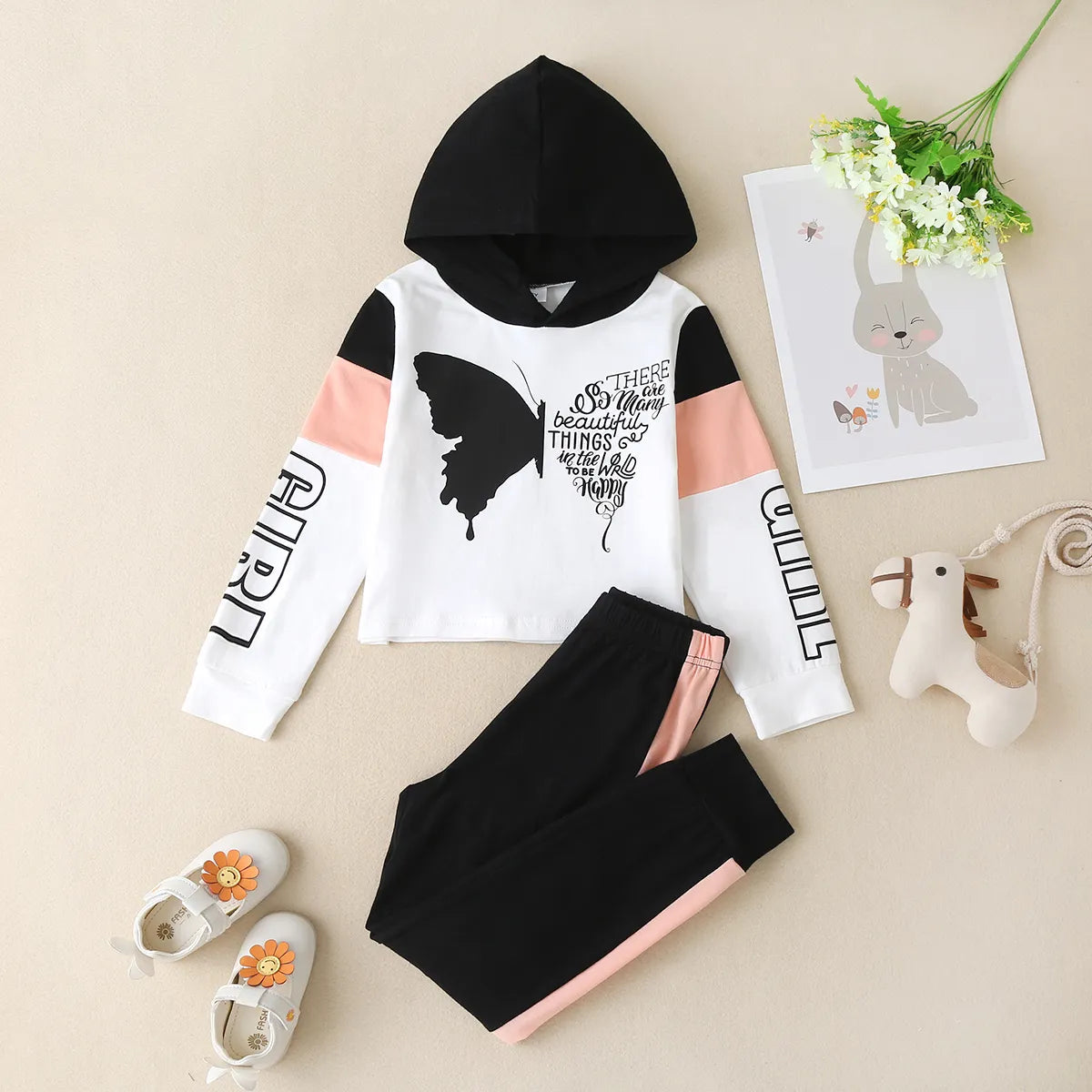 Girls And Boys Set Long Sleeve Hooded Butterfly Sweater Pants Loose Fashion Trend Sports Home Travel WHITE