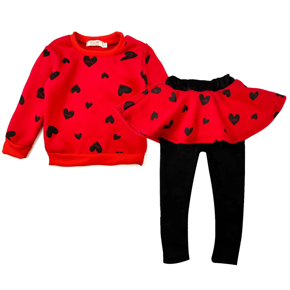 Girls' Autumn and Winter Set New Plush Thickened Warm Heart Set Christmas Fashion Sports Long Sleeve Pants Two Piece Set Red