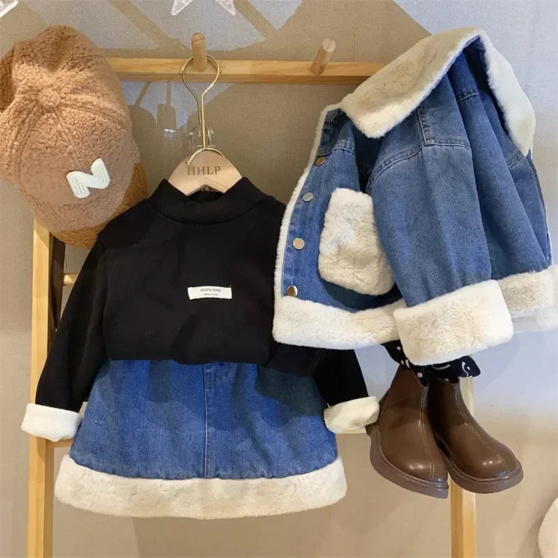 Girls Clothes Sets Winter Plush Fleece Kids Denim Jacket+Skirt Fashion Warm Thick Velvet Fur Children Coats Bottoming Shirt 2-8Y