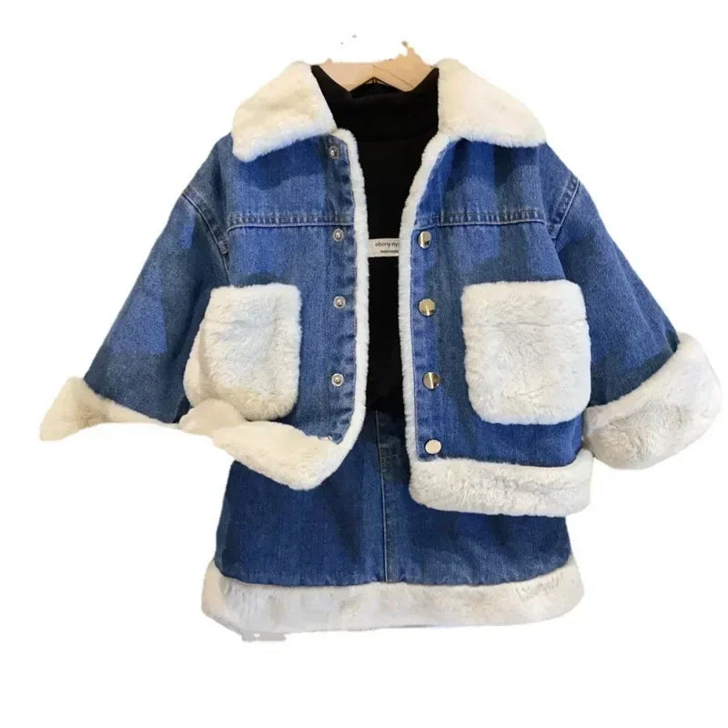 Girls Clothes Sets Winter Plush Fleece Kids Denim Jacket+Skirt Fashion Warm Thick Velvet Fur Children Coats Bottoming Shirt 2-8Y