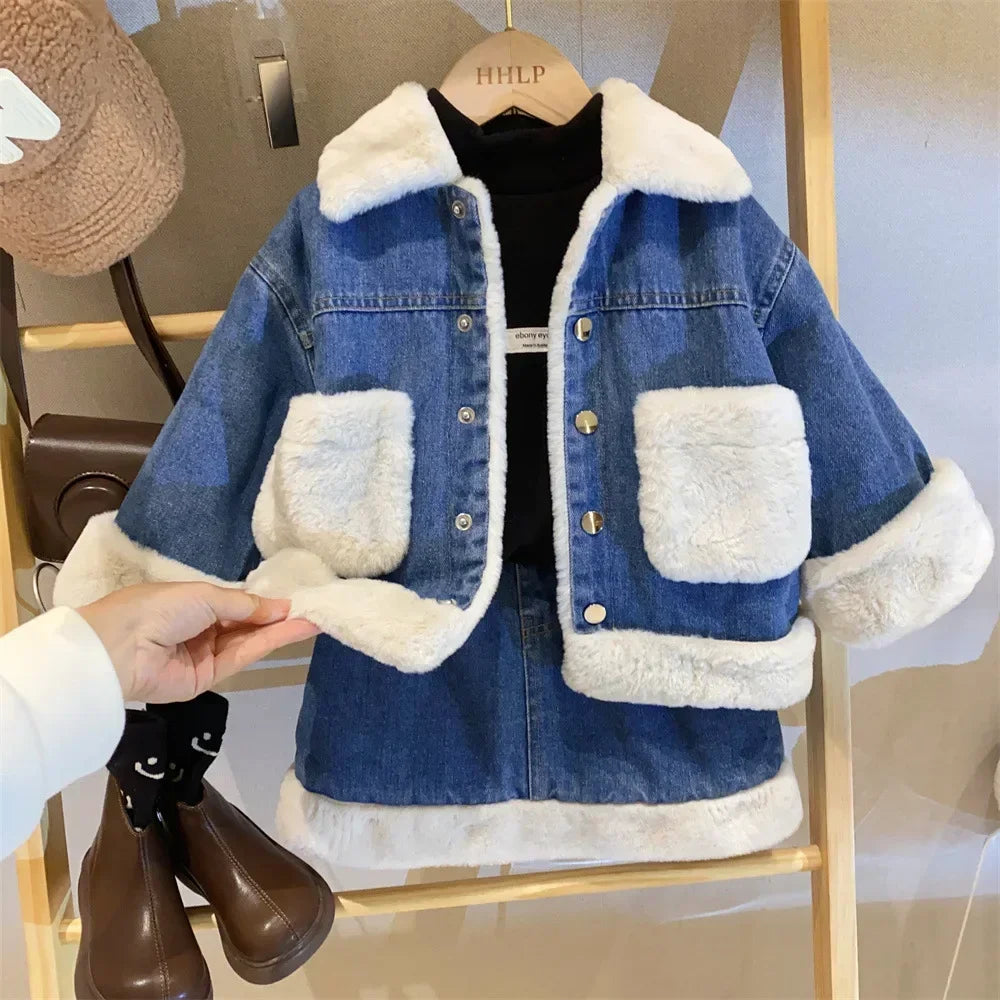 Girls Clothes Sets Winter Plush Fleece Kids Denim Jacket+Skirt Fashion Warm Thick Velvet Fur Children Coats Bottoming Shirt 2-8Y 2Pcs(without Tshirt)