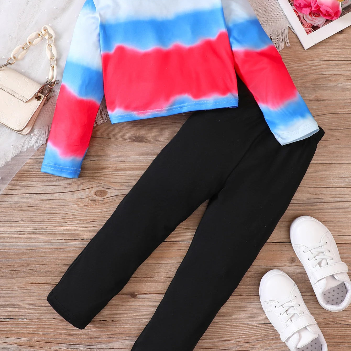 Girls' Clothing Set Round Neck Long Sleeve Cartoon Print Folded Bow Knot Broken Pants Set Girls' Fashion Set
