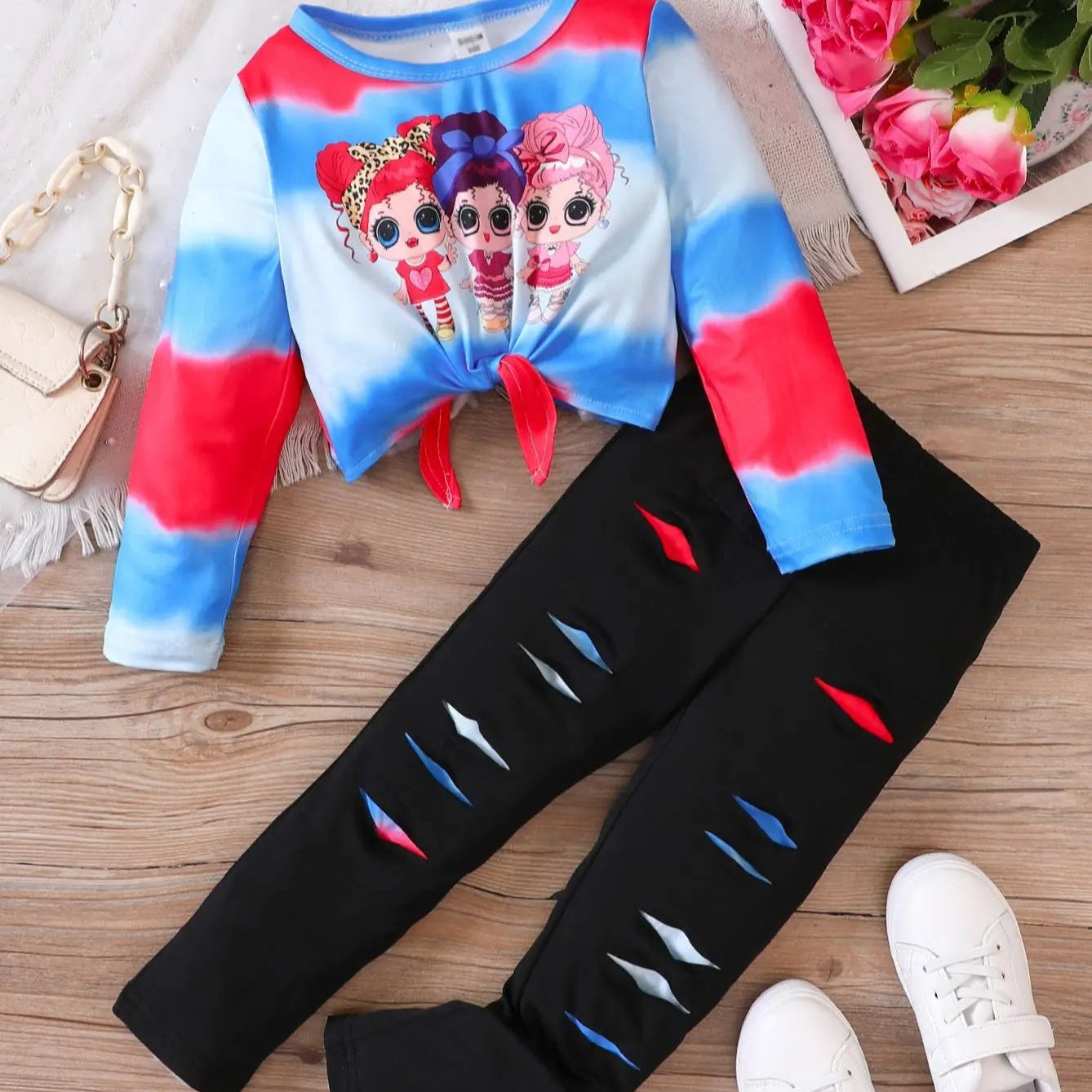 Girls' Clothing Set Round Neck Long Sleeve Cartoon Print Folded Bow Knot Broken Pants Set Girls' Fashion Set Blue