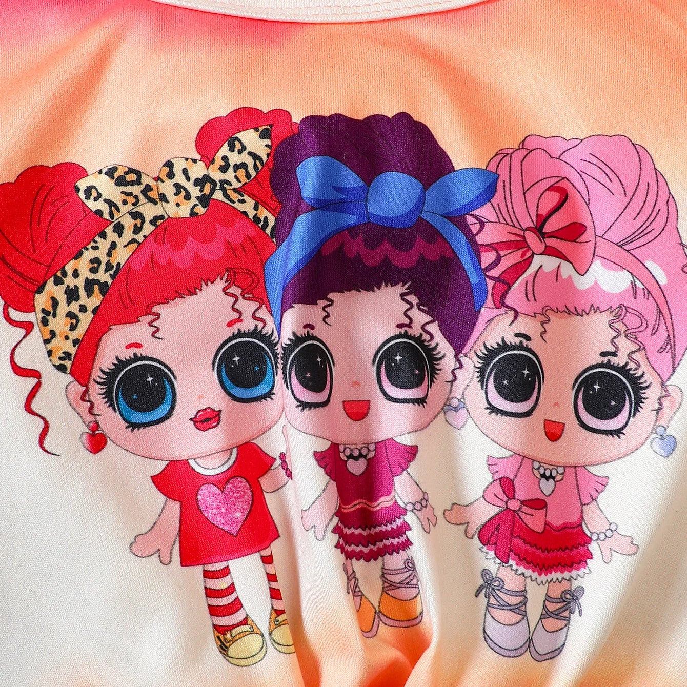 Girls' Clothing Set Round Neck Long Sleeve Cartoon Print Folded Bow Knot Broken Pants Set Girls' Fashion Set