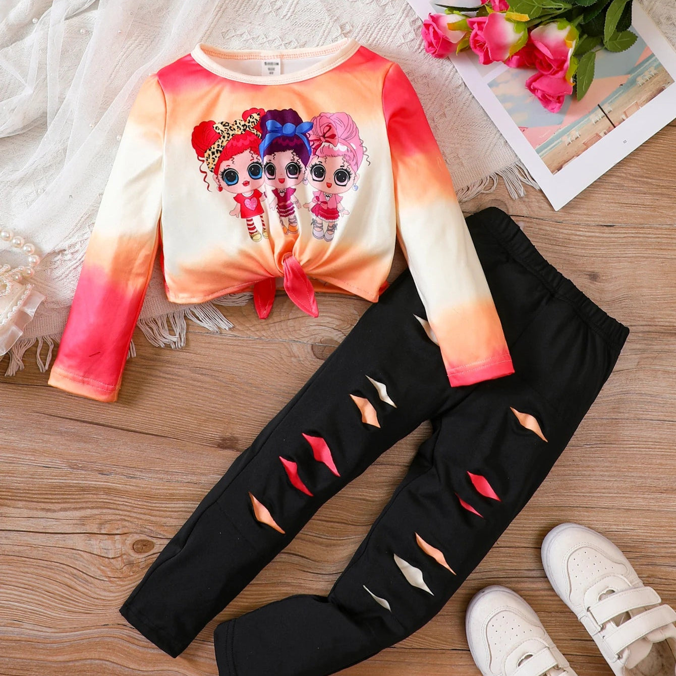 Girls' Clothing Set Round Neck Long Sleeve Cartoon Print Folded Bow Knot Broken Pants Set Girls' Fashion Set Orange