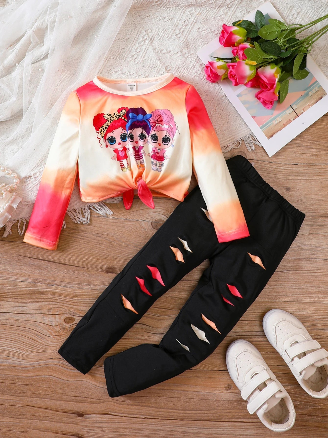 Girls' Clothing Set Round Neck Long Sleeve Cartoon Print Folded Bow Knot Broken Pants Set Girls' Fashion Set Orange