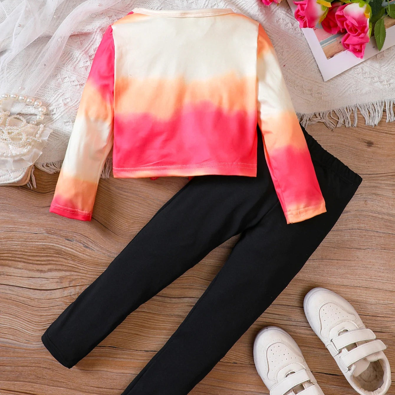 Girls' Clothing Set Round Neck Long Sleeve Cartoon Print Folded Bow Knot Broken Pants Set Girls' Fashion Set