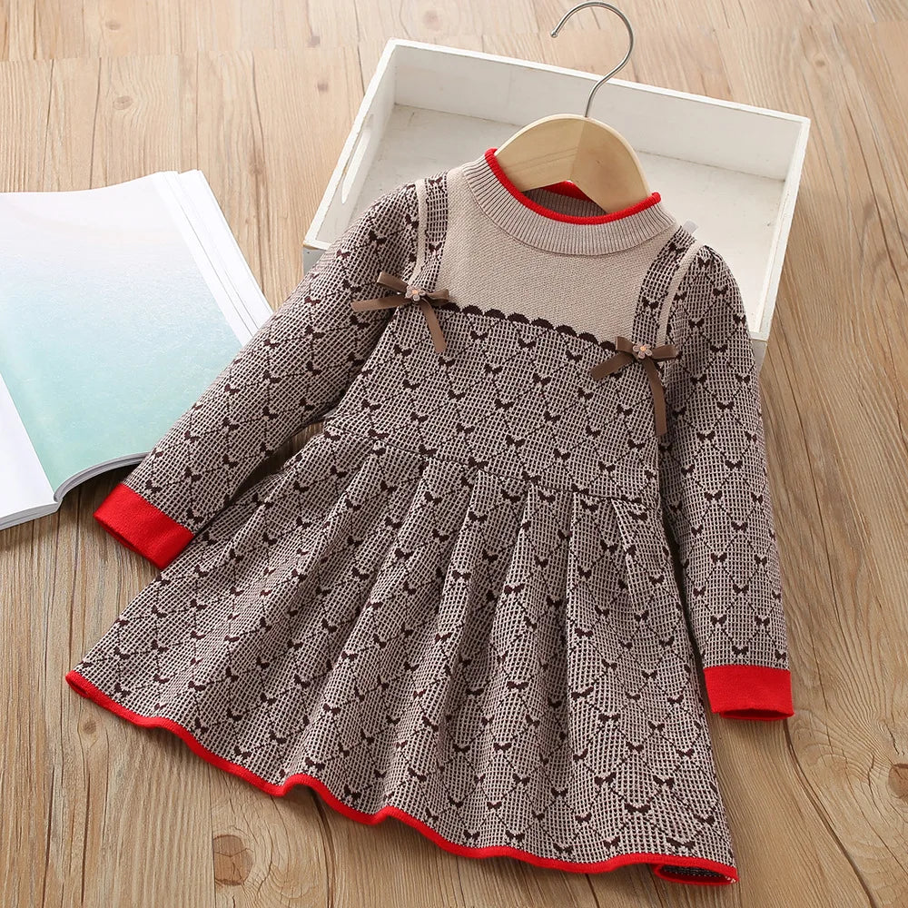 Girls Dress Winter Knitting Sweater Dress Autumn Long Sleeve Princess Dress Vestidos Warm Toddler Girl Clothes Kids Clothing princess khaki