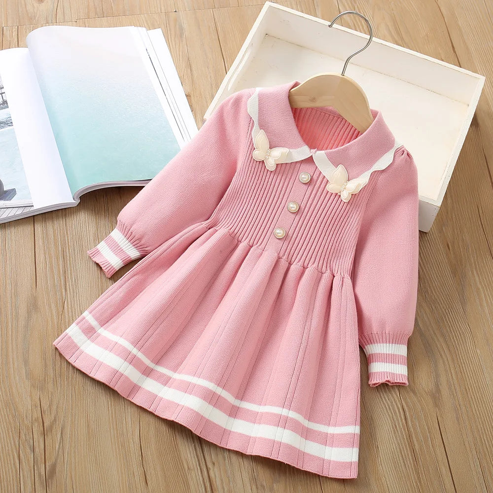 Girls Dress Winter Knitting Sweater Dress Autumn Long Sleeve Princess Dress Vestidos Warm Toddler Girl Clothes Kids Clothing butterfly pink