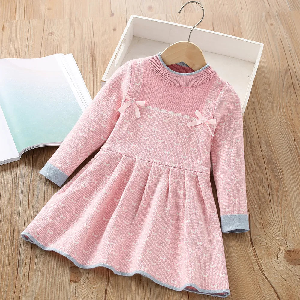 Girls Dress Winter Knitting Sweater Dress Autumn Long Sleeve Princess Dress Vestidos Warm Toddler Girl Clothes Kids Clothing princess pink