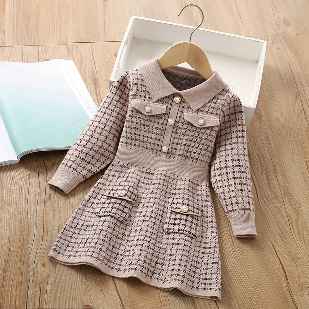 Girls Dress Winter Knitting Sweater Dress Autumn Long Sleeve Princess Dress Vestidos Warm Toddler Girl Clothes Kids Clothing plaid khaki