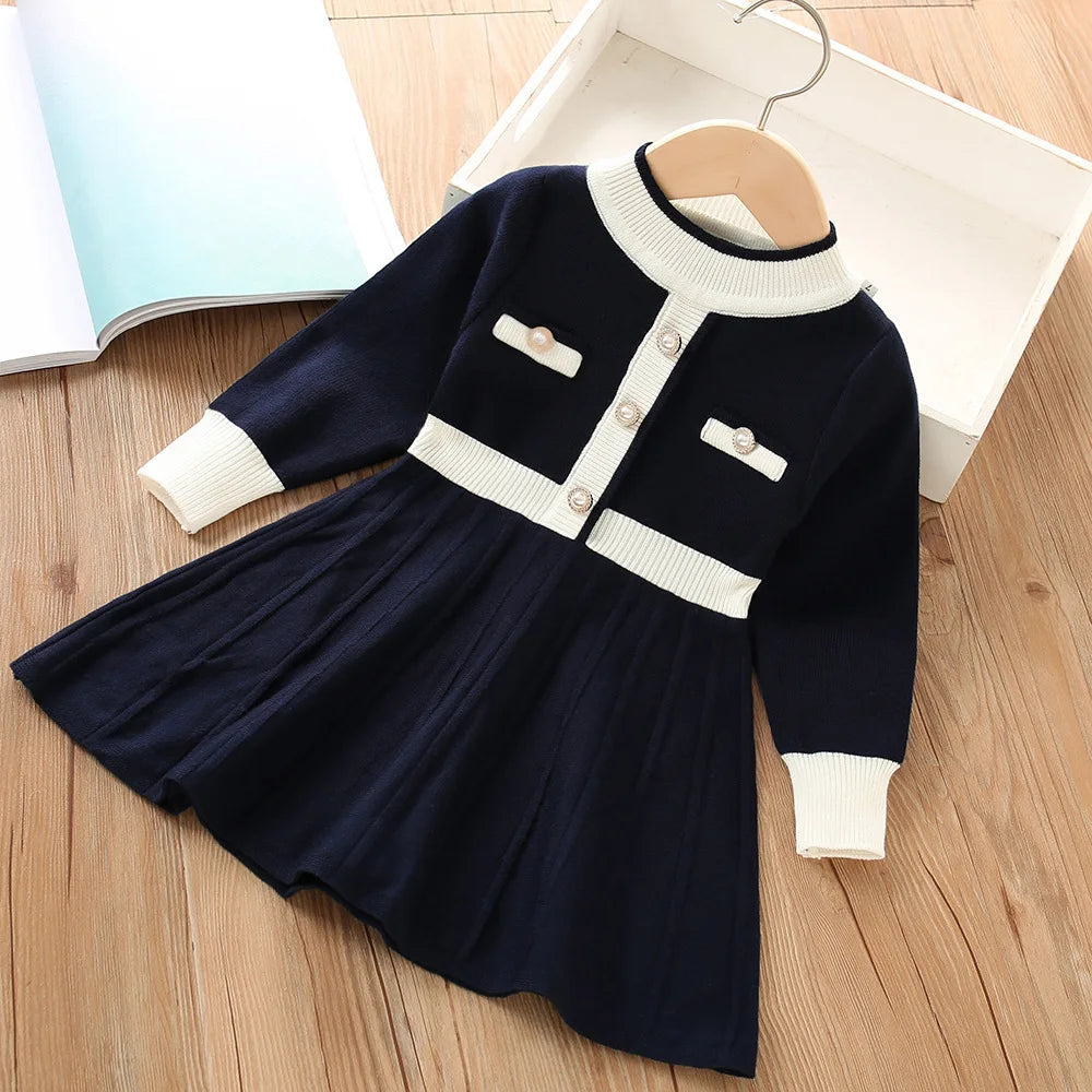 Girls Dress Winter Knitting Sweater Dress Autumn Long Sleeve Princess Dress Vestidos Warm Toddler Girl Clothes Kids Clothing navy