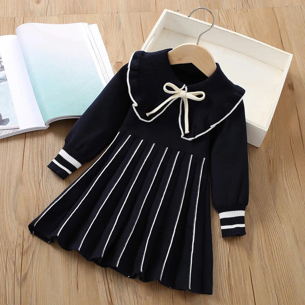 Girls Dress Winter Knitting Sweater Dress Autumn Long Sleeve Princess Dress Vestidos Warm Toddler Girl Clothes Kids Clothing bow navy