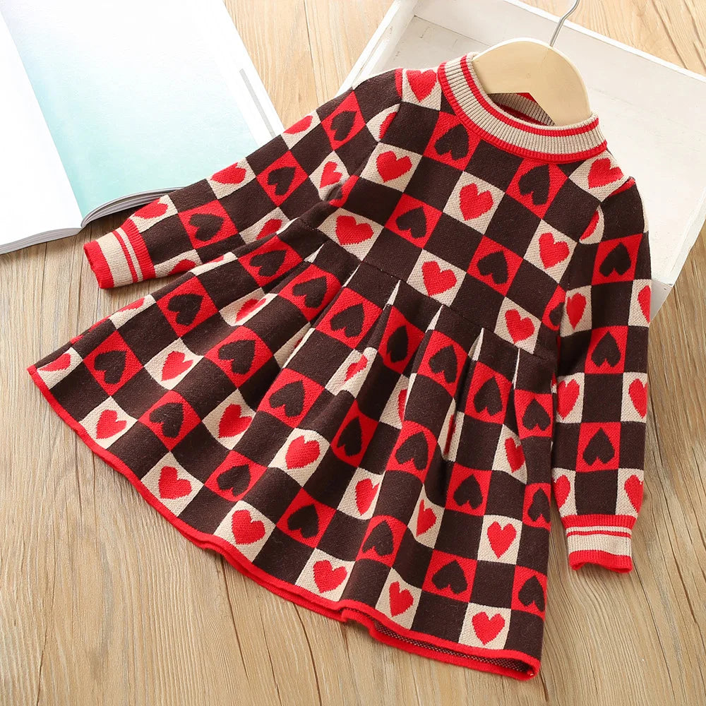 Girls Dress Winter Knitting Sweater Dress Autumn Long Sleeve Princess Dress Vestidos Warm Toddler Girl Clothes Kids Clothing heart red