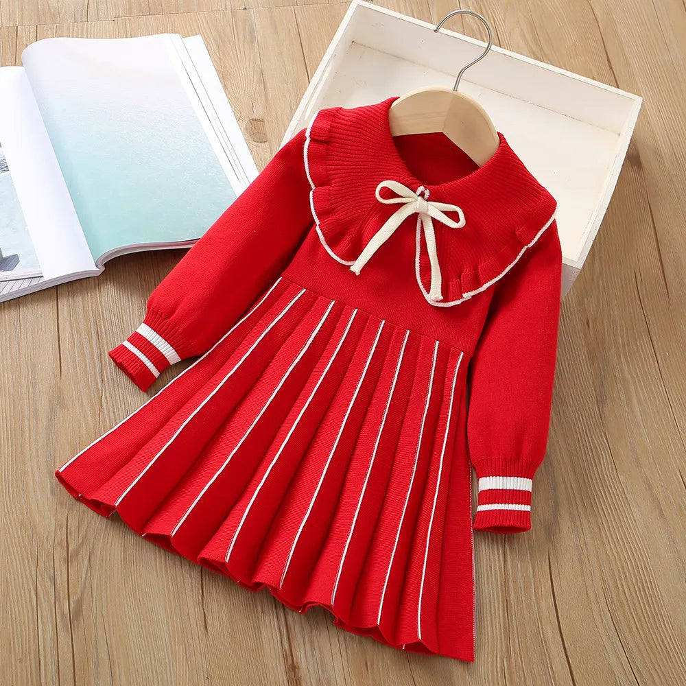 Girls Dress Winter Knitting Sweater Dress Autumn Long Sleeve Princess Dress Vestidos Warm Toddler Girl Clothes Kids Clothing bow red