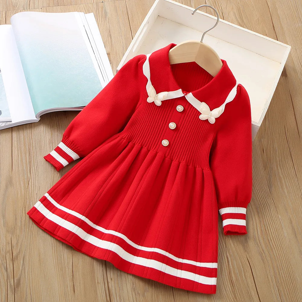 Girls Dress Winter Knitting Sweater Dress Autumn Long Sleeve Princess Dress Vestidos Warm Toddler Girl Clothes Kids Clothing butterfly red
