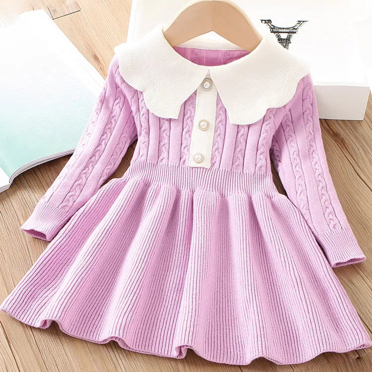 Girls Dress Winter Knitting Sweater Dress Autumn Long Sleeve Princess Dress Vestidos Warm Toddler Girl Clothes Kids Clothing light purple