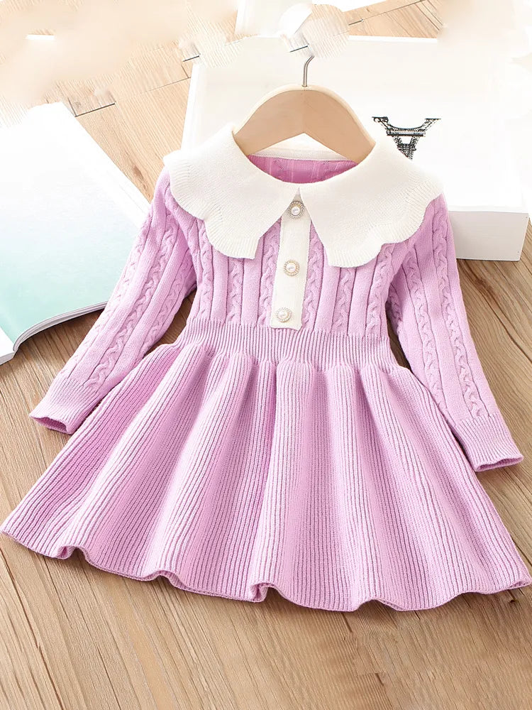 Girls Dress Winter Knitting Sweater Dress Autumn Long Sleeve Princess Dress Vestidos Warm Toddler Girl Clothes Kids Clothing light purple