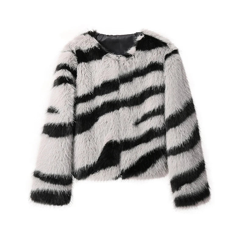 Girls Fluffy Zebra Fur Coat Women Harajuku Street Fashion Casual Faux Fox Fur Jacket Female Winter Thick Warm Overcoats gray zebra coat