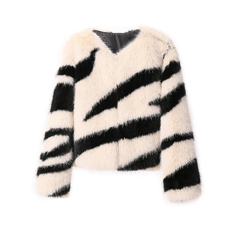 Girls Fluffy Zebra Fur Coat Women Harajuku Street Fashion Casual Faux Fox Fur Jacket Female Winter Thick Warm Overcoats beige zebra coat