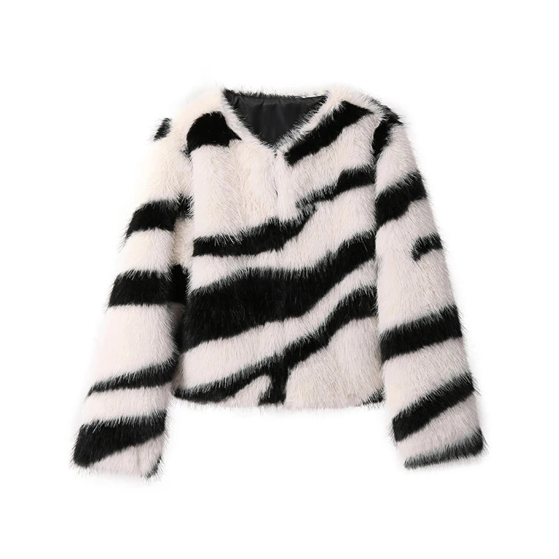 Girls Fluffy Zebra Fur Coat Women Harajuku Street Fashion Casual Faux Fox Fur Jacket Female Winter Thick Warm Overcoats white zebra coat