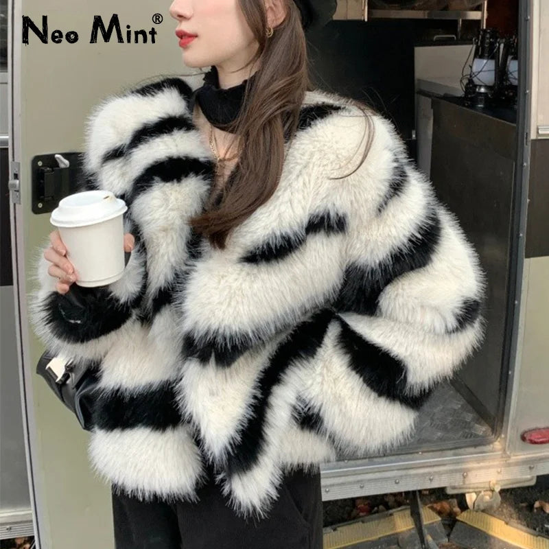 Girls Fluffy Zebra Fur Coat Women Harajuku Street Fashion Casual Faux Fox Fur Jacket Female Winter Thick Warm Overcoats AMAIO