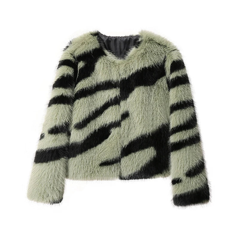Girls Fluffy Zebra Fur Coat Women Harajuku Street Fashion Casual Faux Fox Fur Jacket Female Winter Thick Warm Overcoats green zebra coat