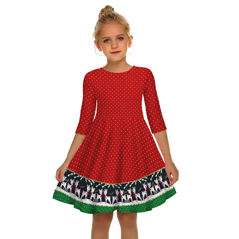 Girls Kids Christmas Dress Teen Half Sleeve 3D Print Xmas Swing Dress Girls Clothes Vestidos Children New Year Outfit 8-12 Years Green